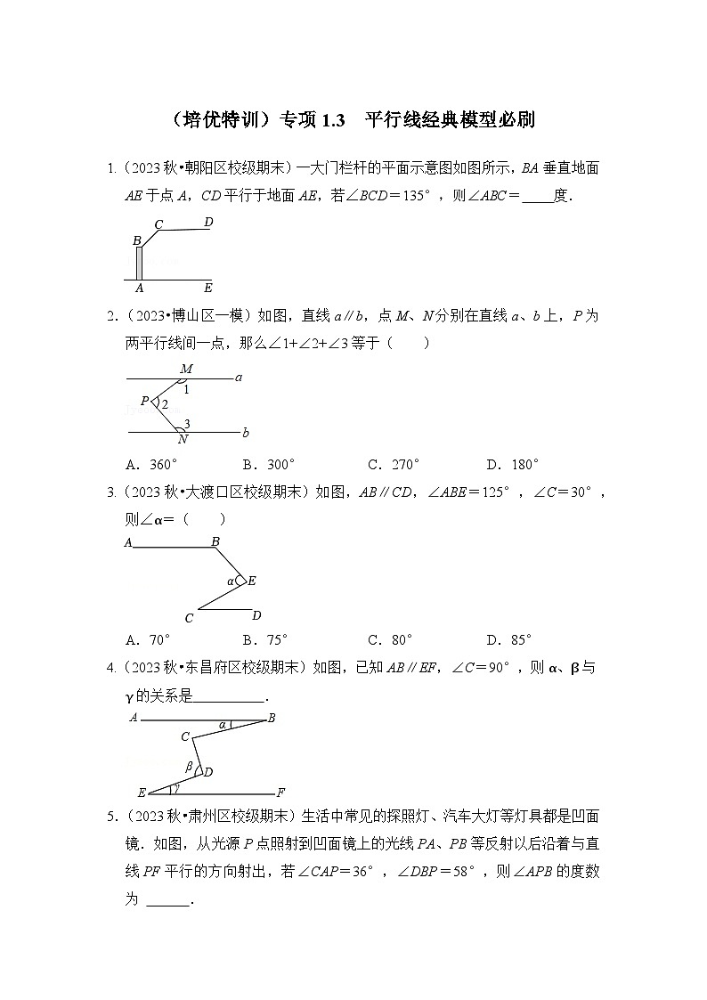 浙教版七年级数学下册(培优特训)专项1.3平行线经典模型必刷(原卷版+解析)第1页