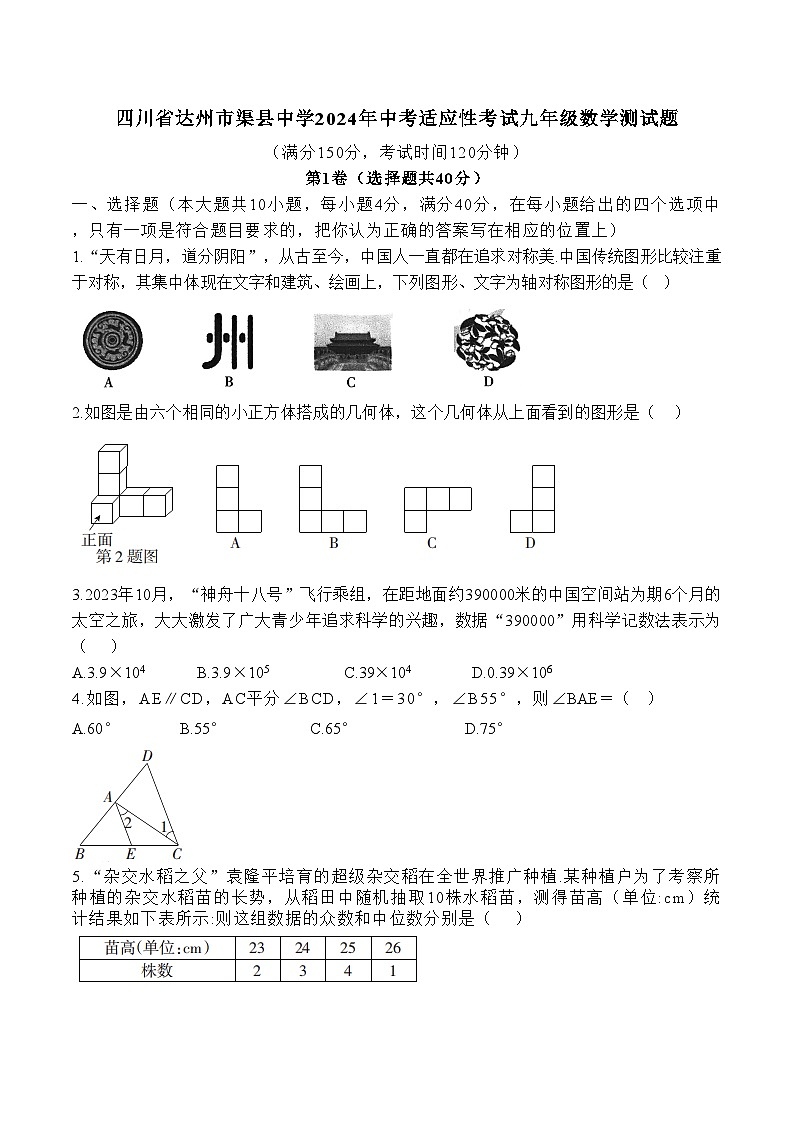 06，2024年四川省达州市渠县中学中考适应性考试九年级数学测试题第1页