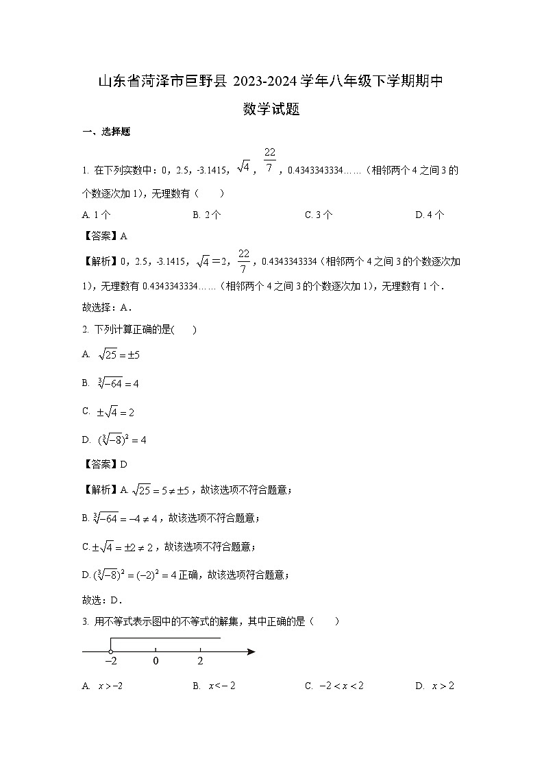 数学：山东省菏泽市巨野县2023-2024学年八年级下学期期中试题（解析版）01
