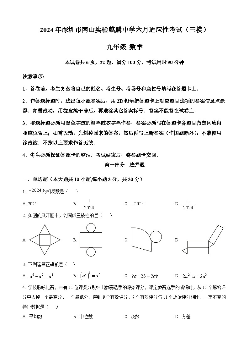 2024年广东省深圳市南山实验教育集团麒麟中学中考三模数学试题（学生版）第1页