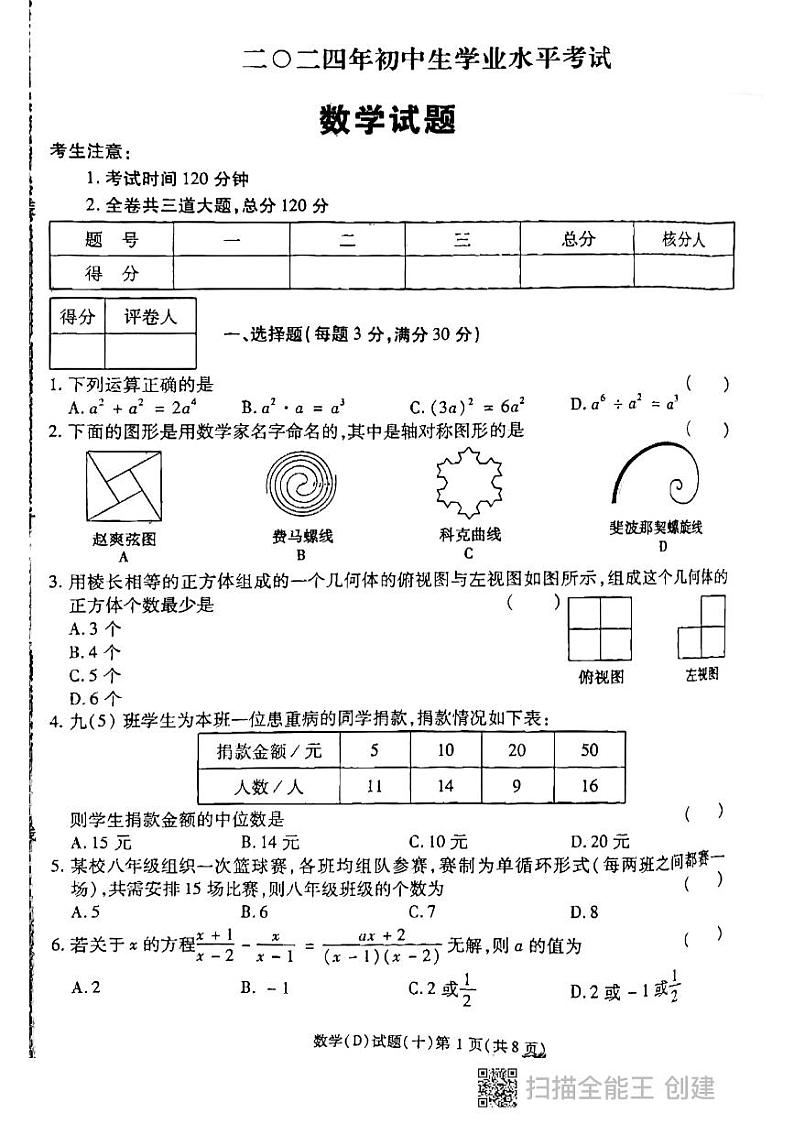 2024年黑龙江省龙东地区部分学校九年级中考数学三模试卷+01