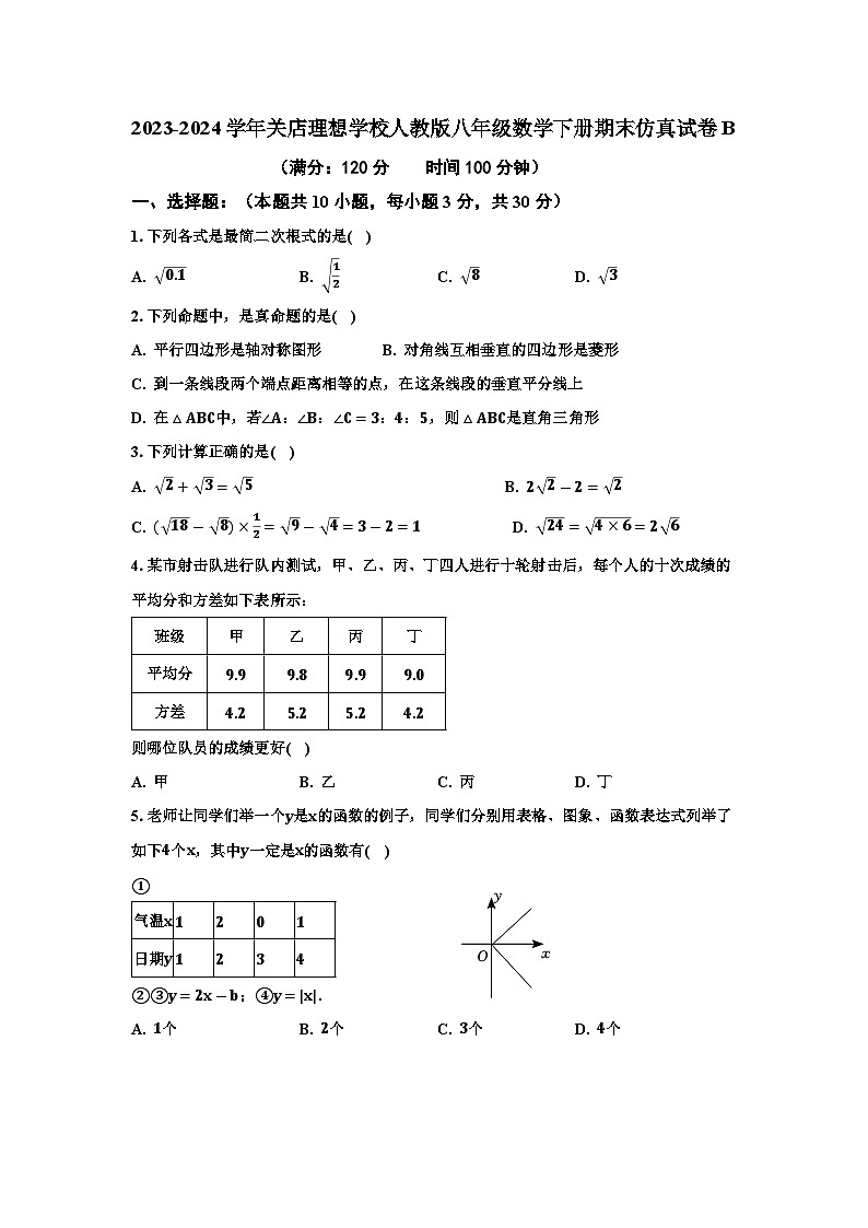 河南省信阳市关店理想学校2023-2024学年人教版八年级数学下册期末仿真试卷B第1页