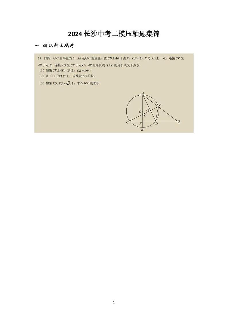 2024长沙中考二模数学压轴题集锦01