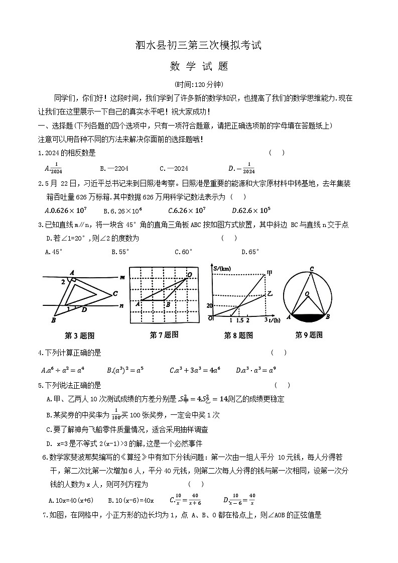 2024年山东省济宁市泗水县中考三模数学试题01