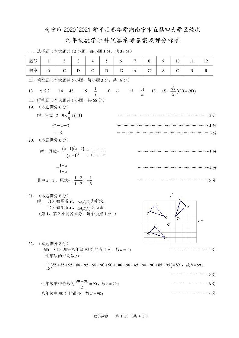 2021年广西南宁市直属四大学区中考数学统测试卷（WORD版含答案）01