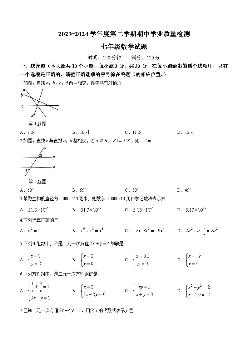 山东省菏泽市成武县2023-2024学年七年级下学期4月期中考试数学试题(无答案)01