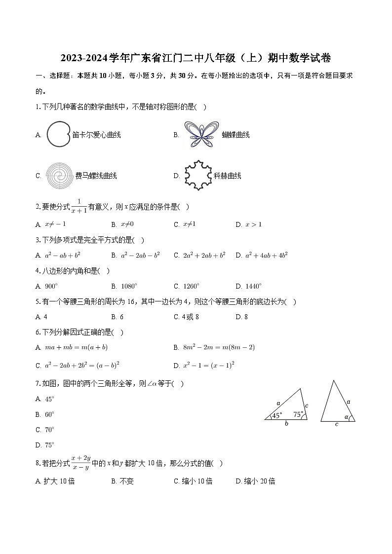 广东省江门市第二中学2023-2024学年八年级上学期期中数学试卷01