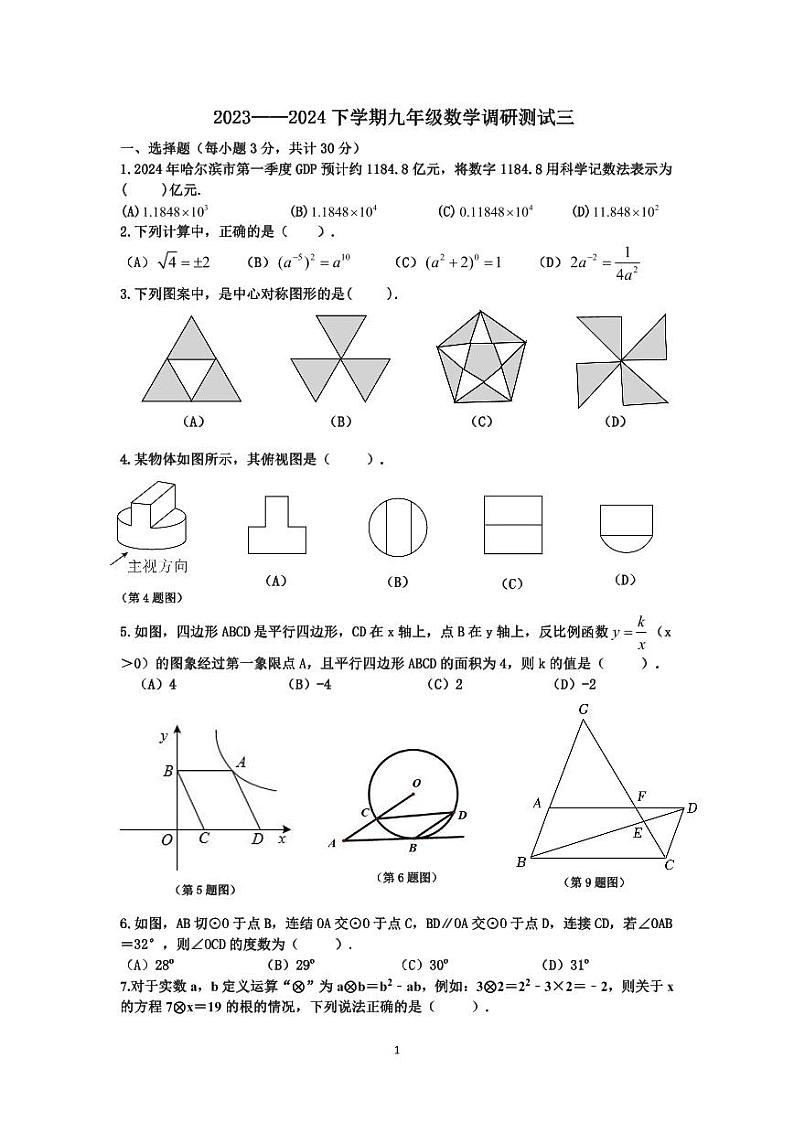 2024年黑龙江省哈尔滨市道里区九年级中考三模数学试卷第1页