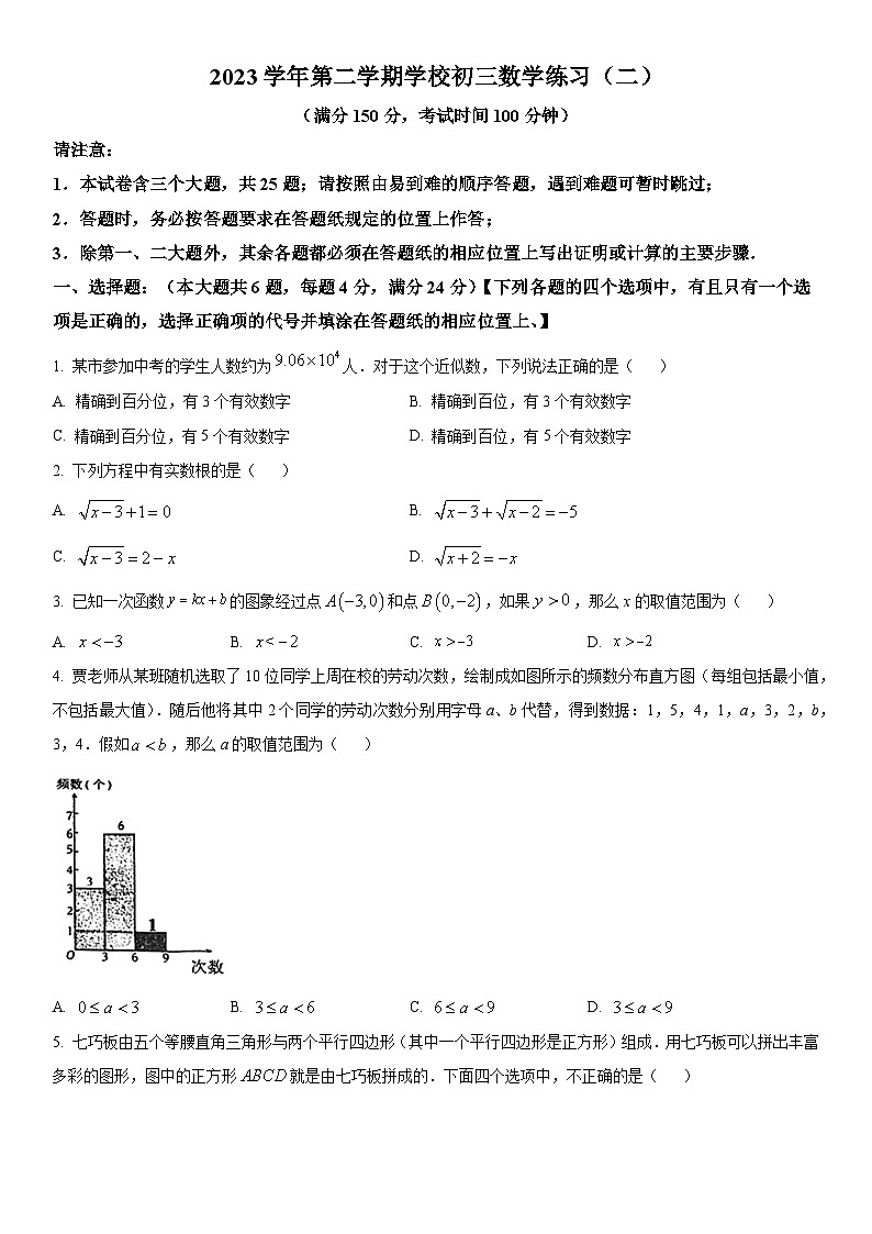 2024年上海市梅陇中学中考三模数学试卷含详解第1页