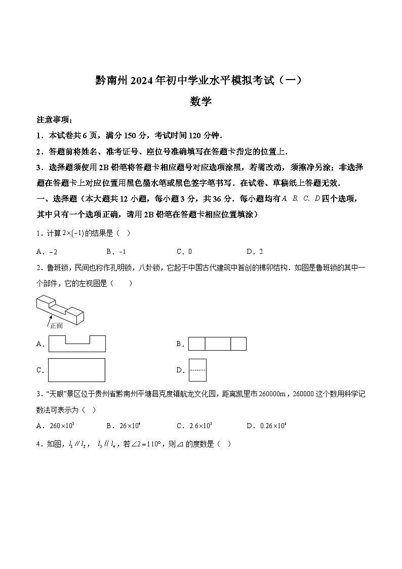 贵州省黔南州2024届九年级下学期中考一模数学试卷(含解析)01