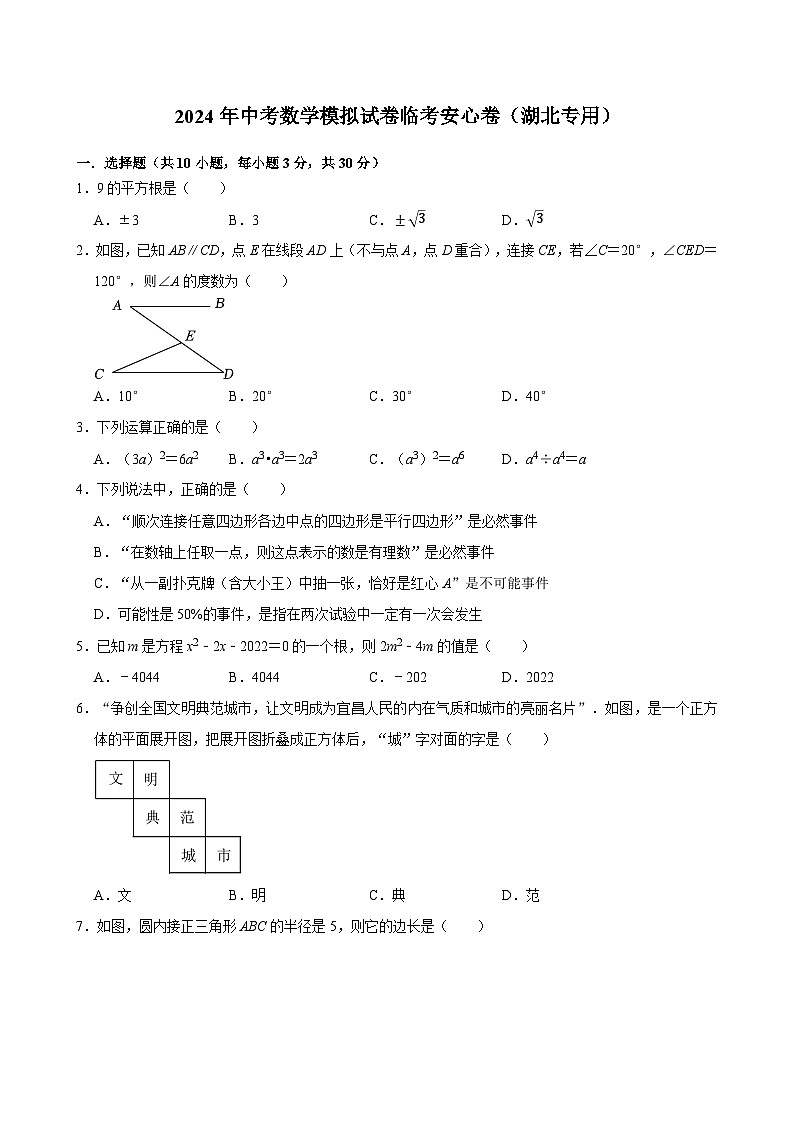 2024年中考数学模拟试卷临考安心卷（湖北专用）第1页