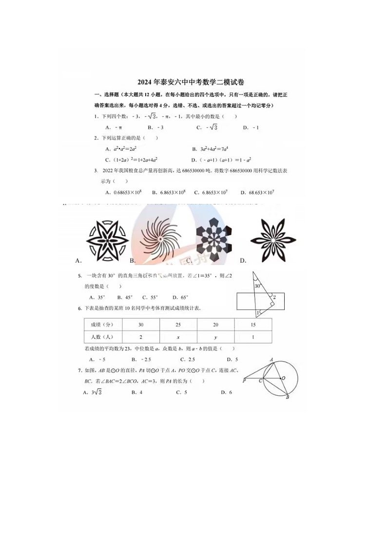 2024年山东省泰安市第六中学新校区中考二模数学试题第1页