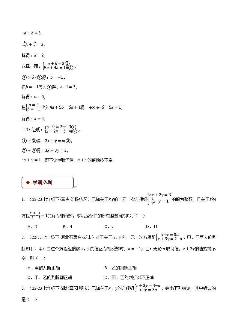 专题8.3 二元一次方程组中的含参问题（压轴题专项讲练）（人教版）（原卷版）-2023-2024学年七年级数学下册压轴题专项讲练系列（人教版）02