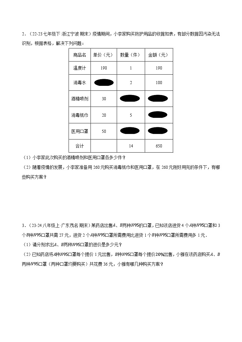 专题8.4 方案问题——二元一次方程组（压轴题专项讲练）（人教版）（原卷版）-2023-2024学年七年级数学下册压轴题专项讲练系列（人教版）03