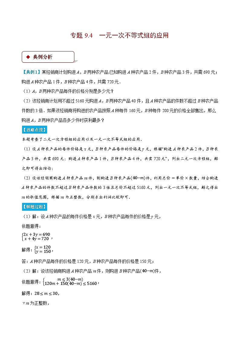 专题9.4 一元一次不等式组的应用（压轴题专项讲练）（人教版）（原卷版）-2023-2024学年七年级数学下册压轴题专项讲练系列（人教版）01