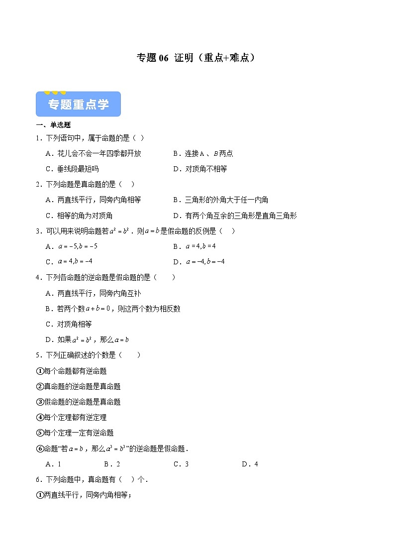 专题06 证明（重点+难点）（原卷版）-2023-2024学年七年级数学下学期期中期末挑战满分冲刺卷（苏科版，江苏专用）01