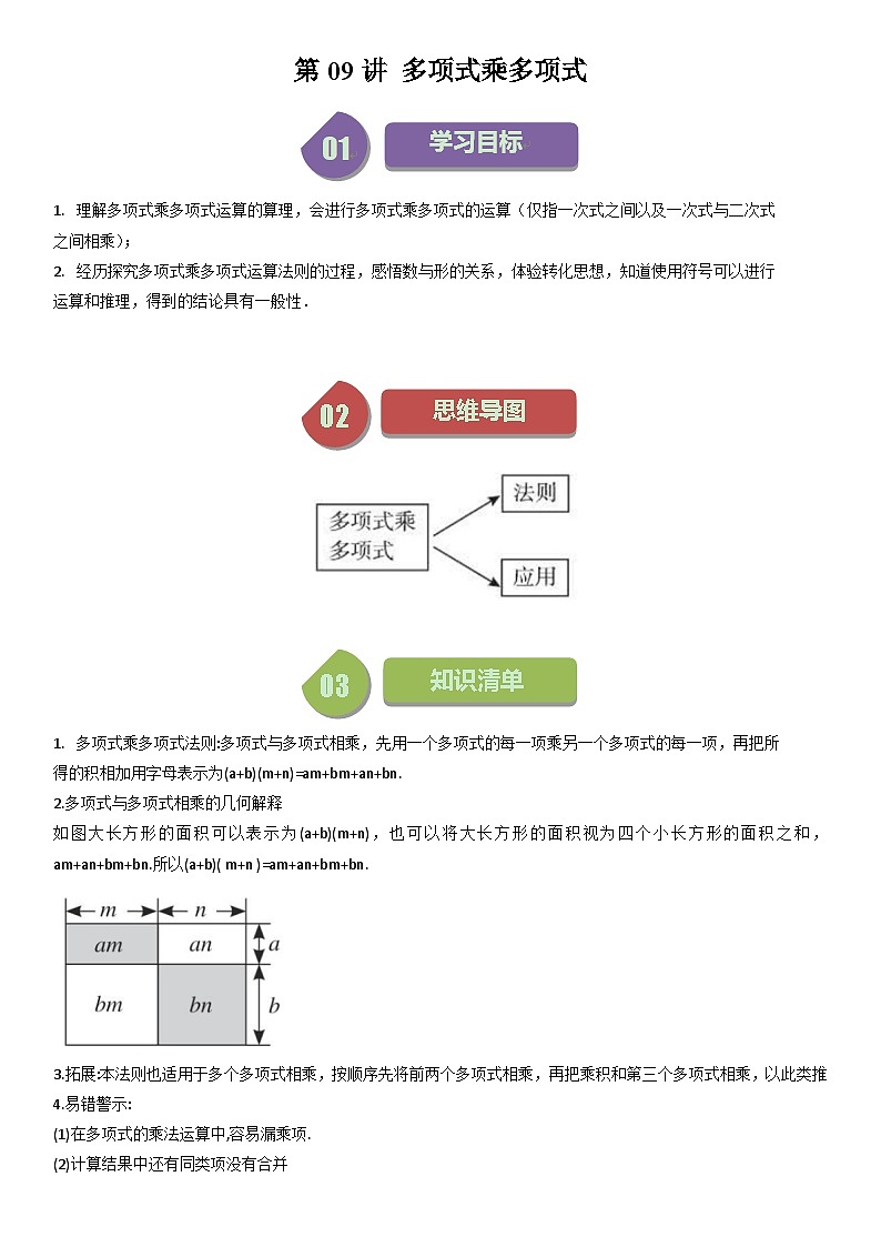 第09讲 多项式乘多项式（6种题型+强化训练）（原卷版）-2023-2024学年七年级数学下册同步学与练（苏科版）01
