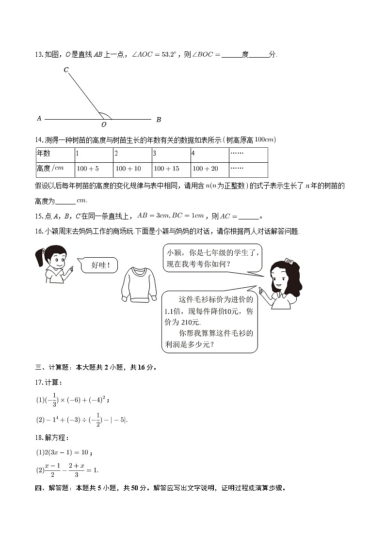 河南省濮阳市经开区2023-2024学年七年级上学期期末数学试卷第3页