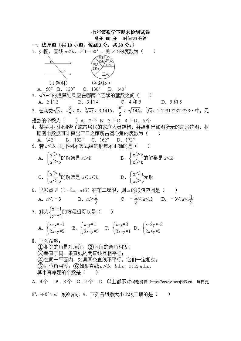 山西省太原市六十中学2023-2024学年七年级下学期期末数学试卷01