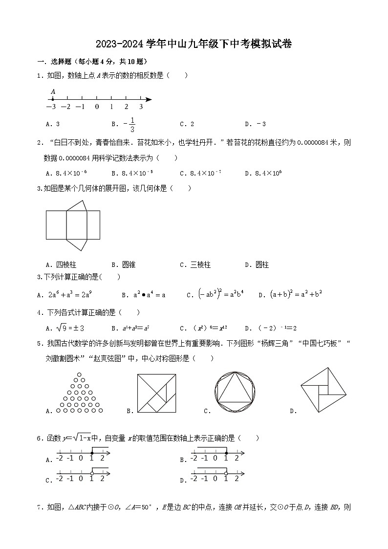 2024年福建省莆田市荔城区中山中学九年级中考一模数学试题第1页