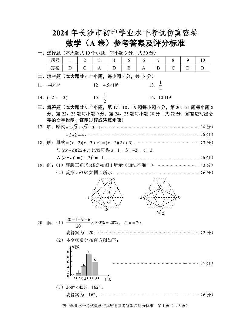 2024年长沙市模拟卷-数学答案AB第1页