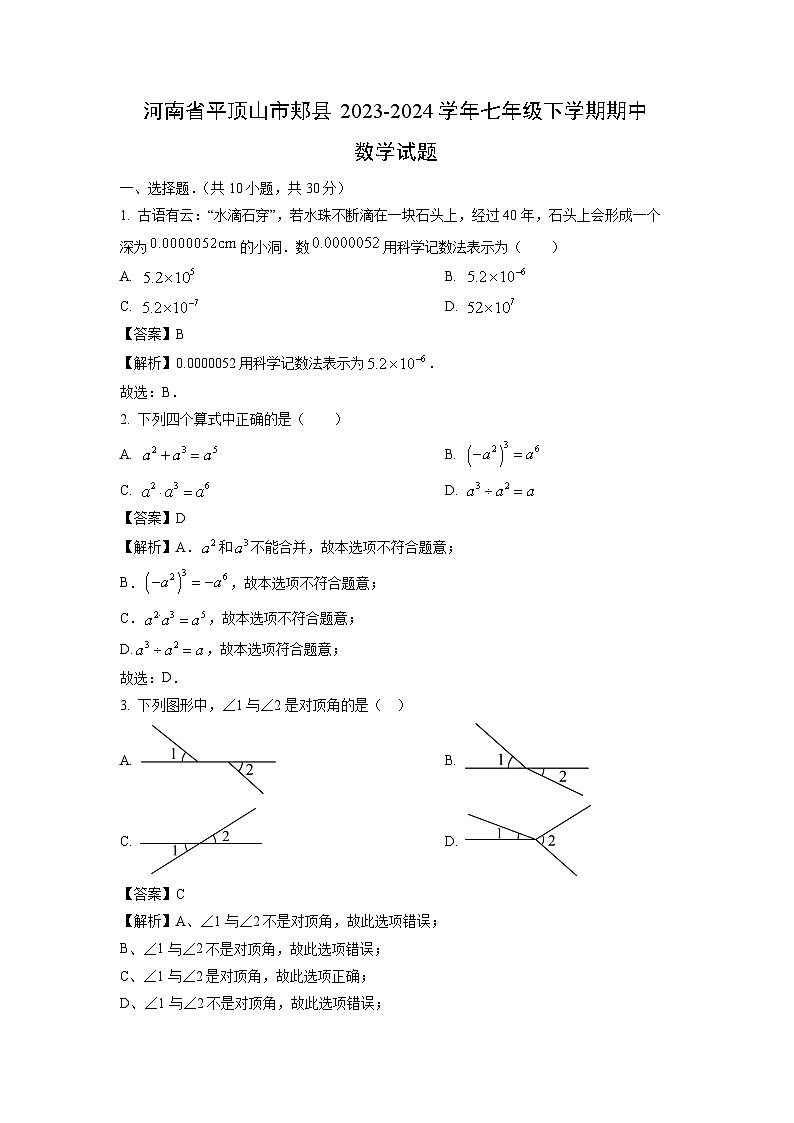 数学：河南省平顶山市郏县2023-2024学年七年级下学期期中试题（解析版）第1页