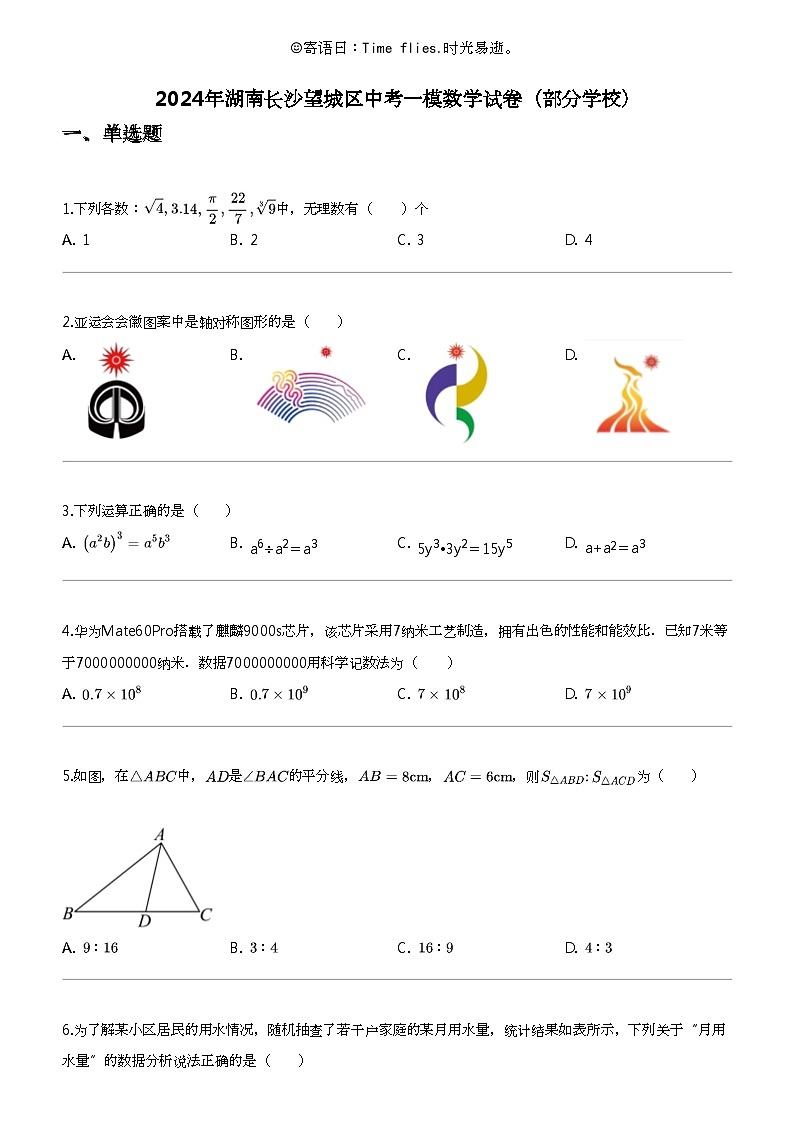 2024年湖南长沙望城区中考一模数学试卷（部分学校）01