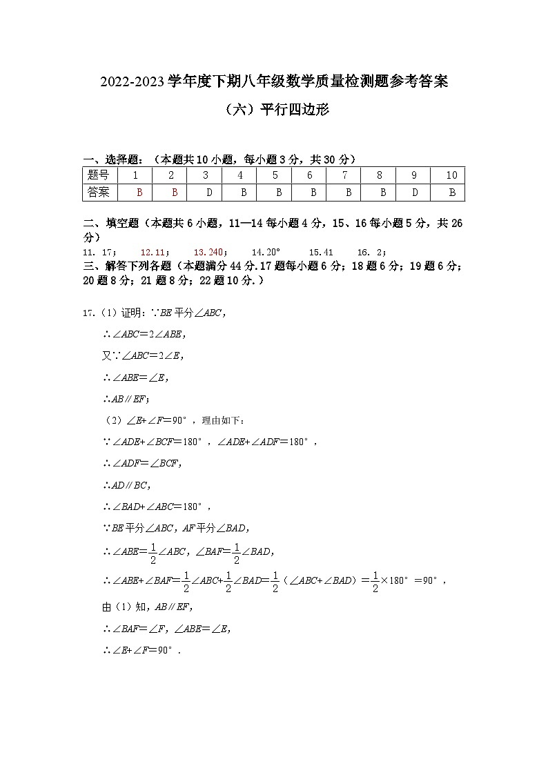 四川省金堂县实验中学2022-2023学年度下期八年级数学质量监测题(六)平行四边形参考答案第1页