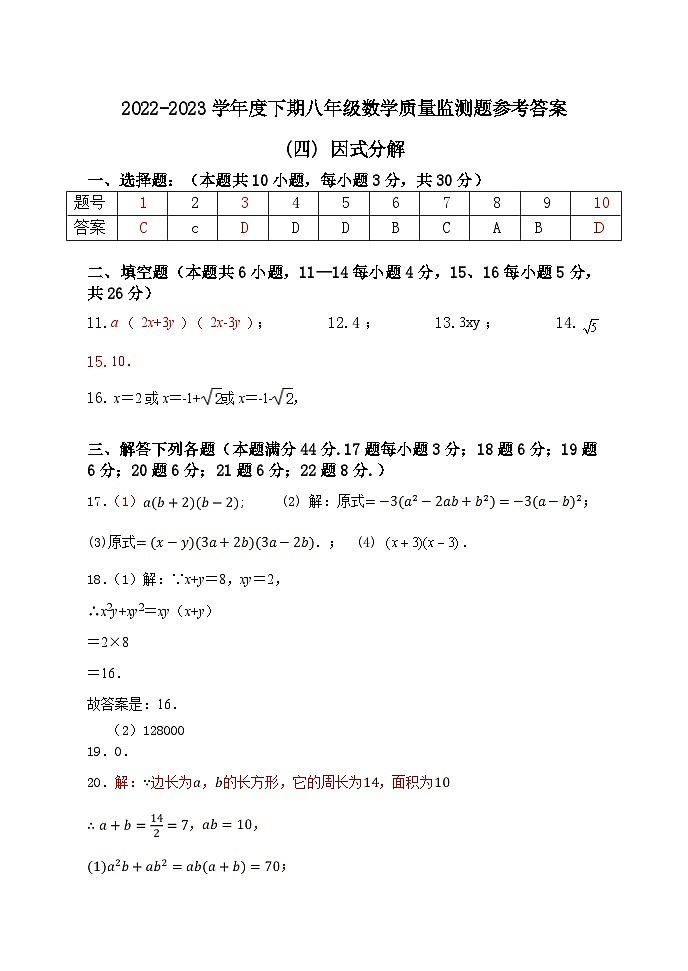 四川省金堂县实验中学2022-2023学年度下期八年级数学质量监测题(四)因式分解参考答案第1页