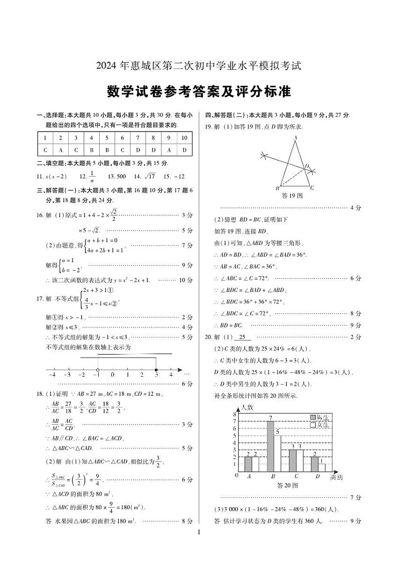 02-2024数学答案惠城区第二次初中学业水平模拟考试第1页