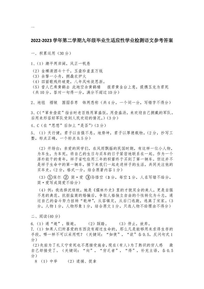 九年级语文答案第1页