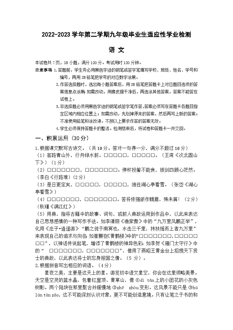 九年级语文试题第1页