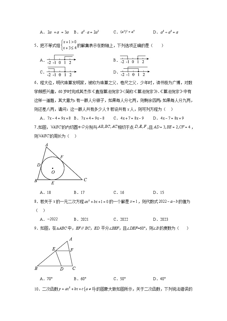 2024年湖南省长沙市立信中学中考一模数学试题及参考答案02