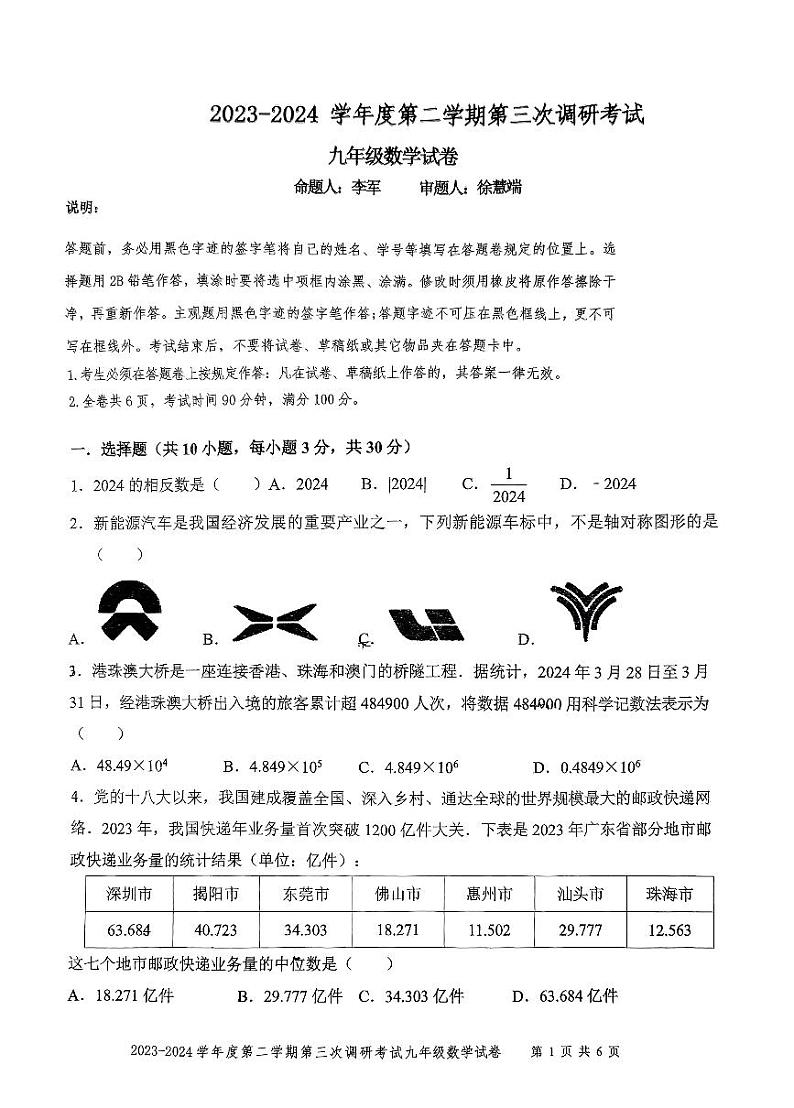 2024年广东省深圳市福田区福田外国语教育集团+中考第三次调研考试九年级数学试卷第1页