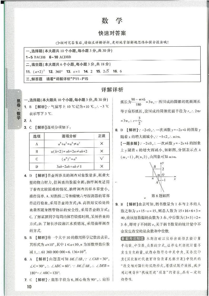 2024年长沙市初中学业水平考试数学黑卷答案（万维）第1页