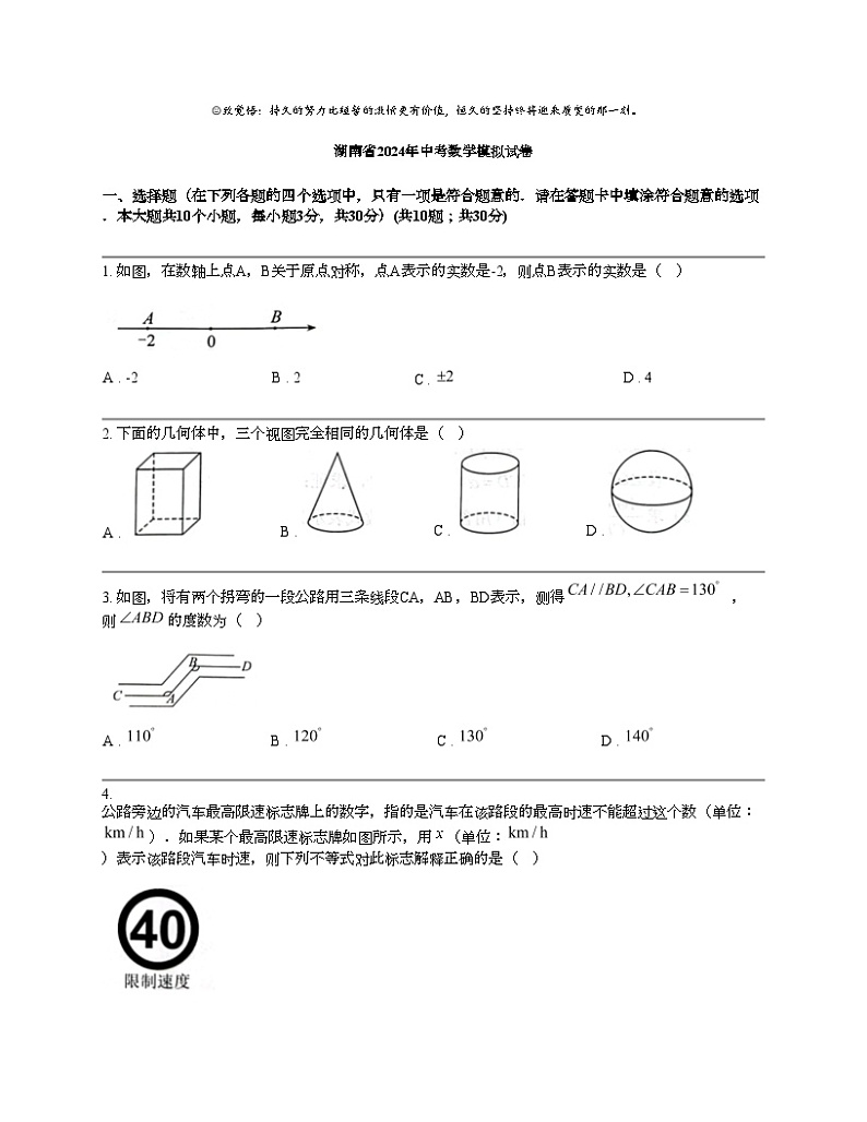 湖南省2024年中考数学模拟试卷01
