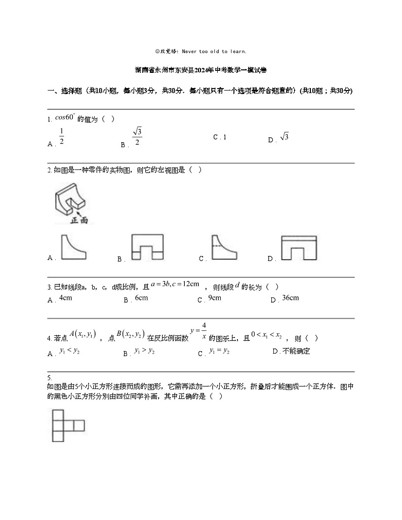 湖南省永州市东安县2024年中考数学一模试卷第1页