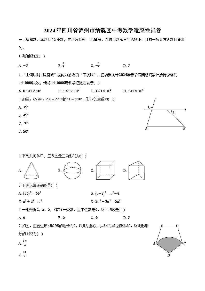 2024年四川省泸州市纳溪区中考数学适应性试卷（含解析）第1页
