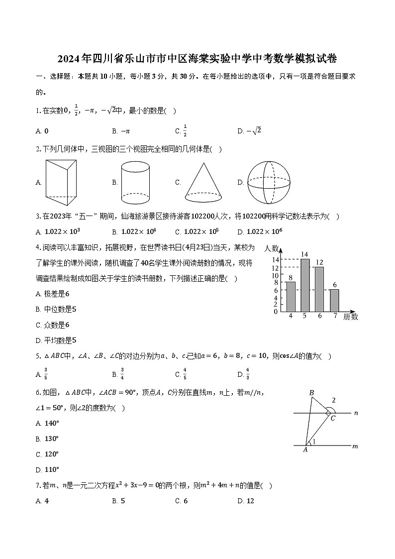 2024年四川省乐山市市中区海棠实验中学中考数学模拟试卷（含解析）01