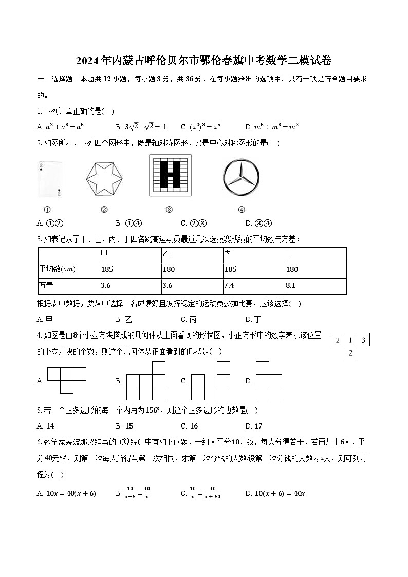 2024年内蒙古呼伦贝尔市鄂伦春旗中考数学二模试卷（含解析）第1页