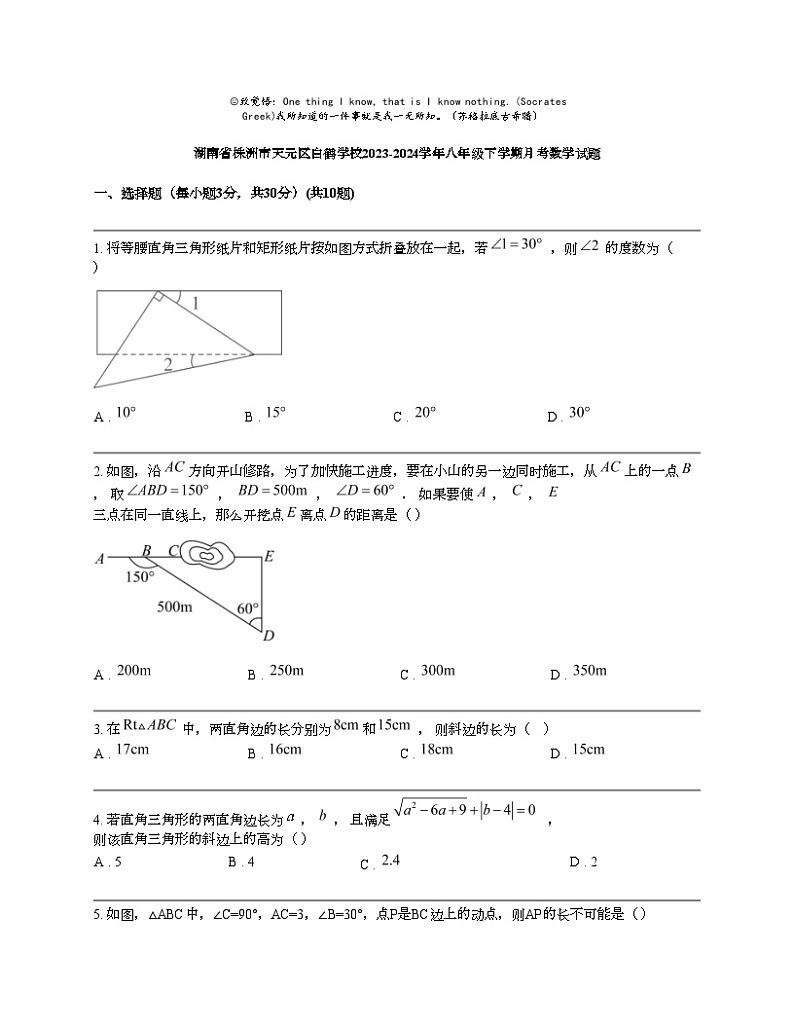 湖南省株洲市天元区白鹤学校2023-2024学年八年级下学期月考数学试题01