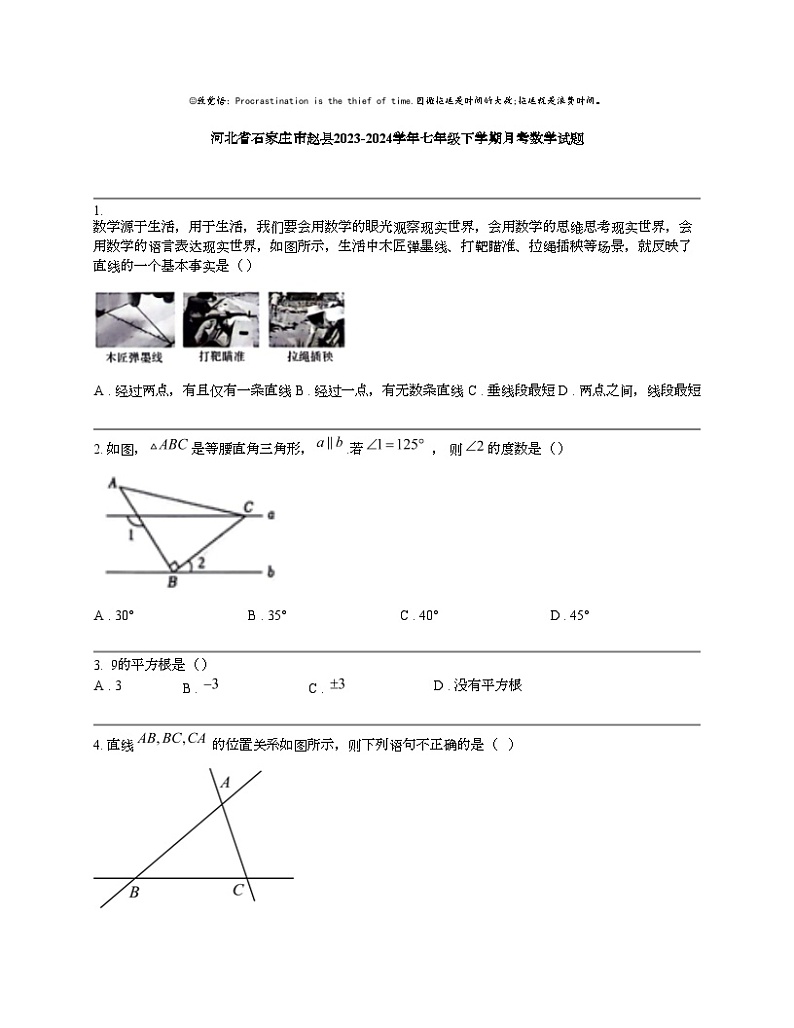 河北省石家庄市赵县2023-2024学年七年级下学期月考数学试题第1页