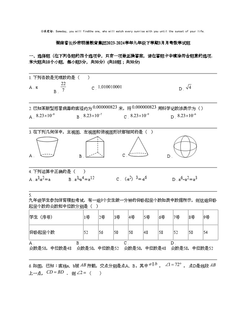 湖南省长沙市明德教育集团2023-2024学年九年级下学期3月月考数学试题01