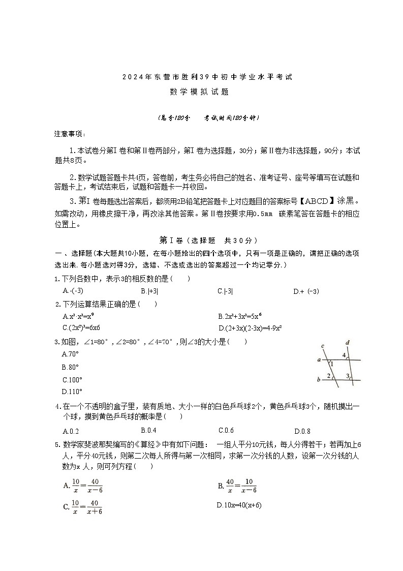 2024年山东省东营市胜利第三十九中学初中学业水平考试数学模拟试题第1页
