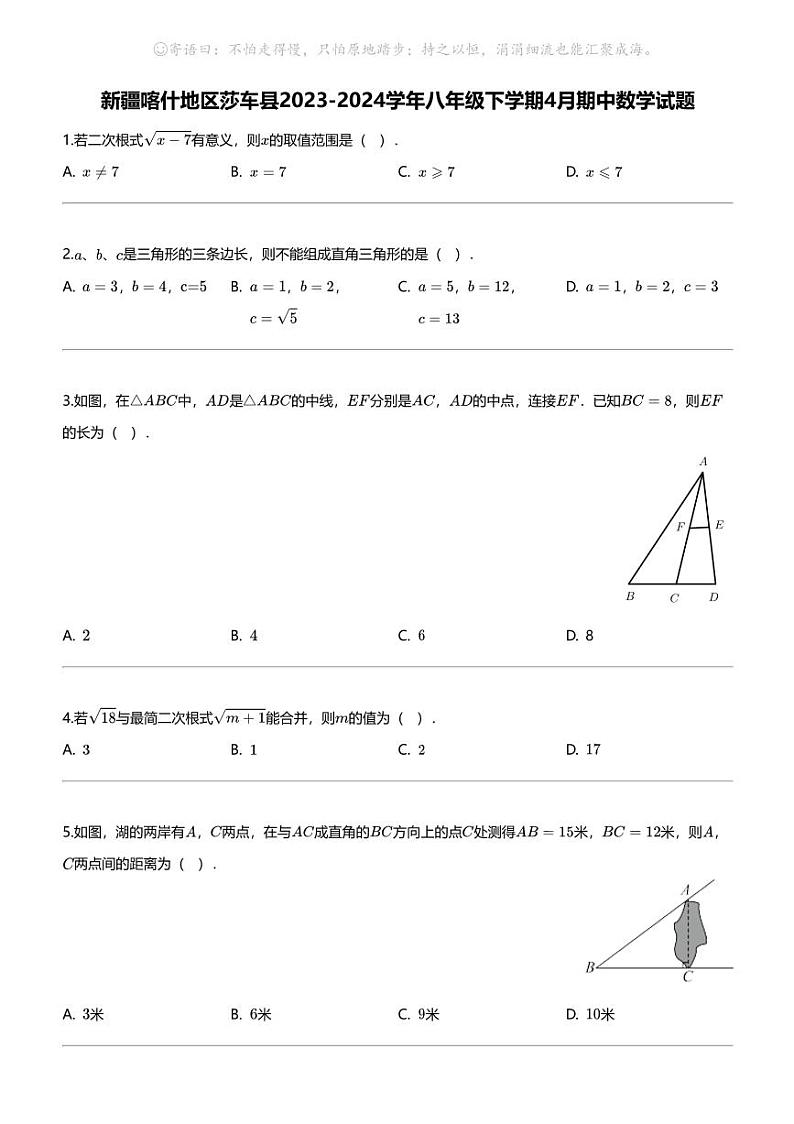 新疆喀什地区莎车县2023-2024学年八年级下学期4月期中数学试题01