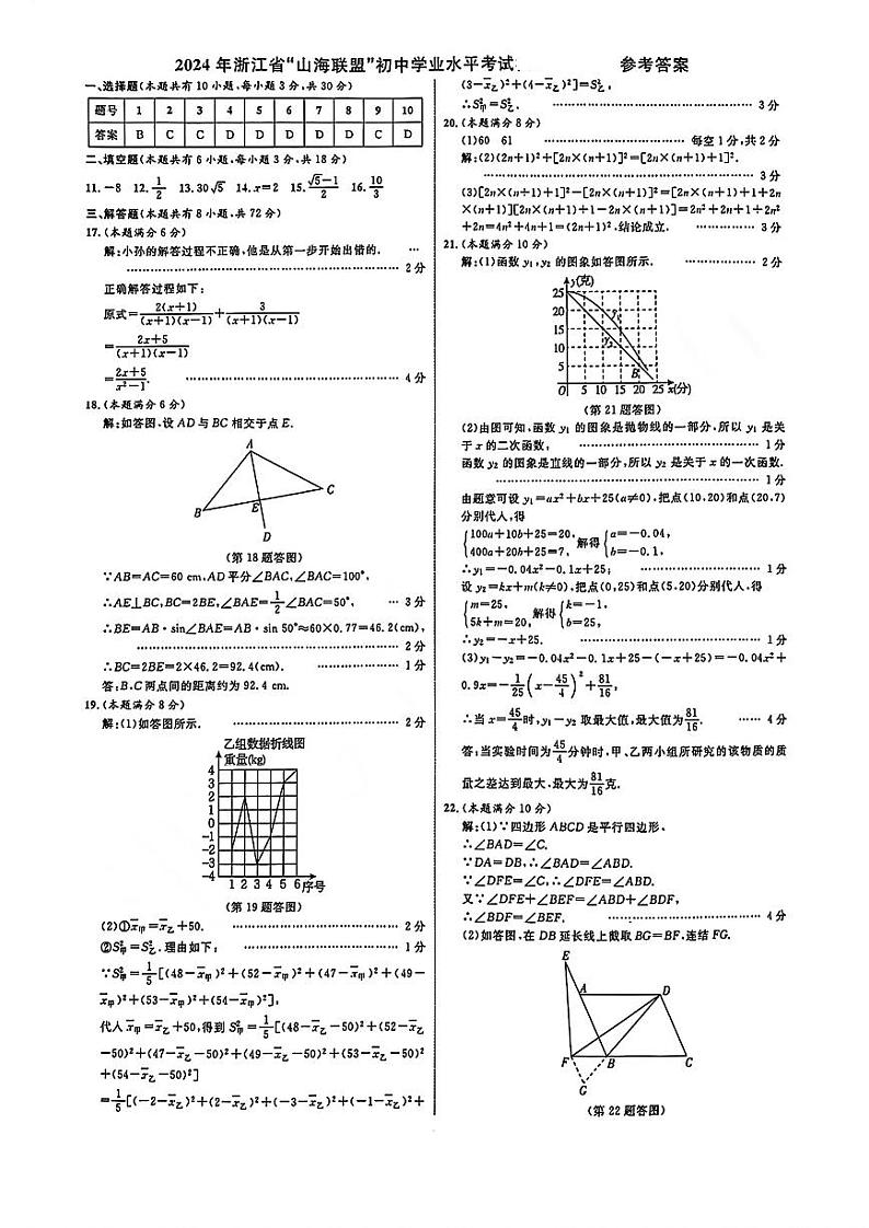 2024年浙江省“山海联盟”初中学业水平考试6月联考数学试卷01