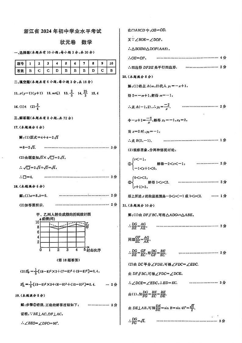 2024年浙江省宁波初中学业水平考试数学试题（状元卷适应性联考）01