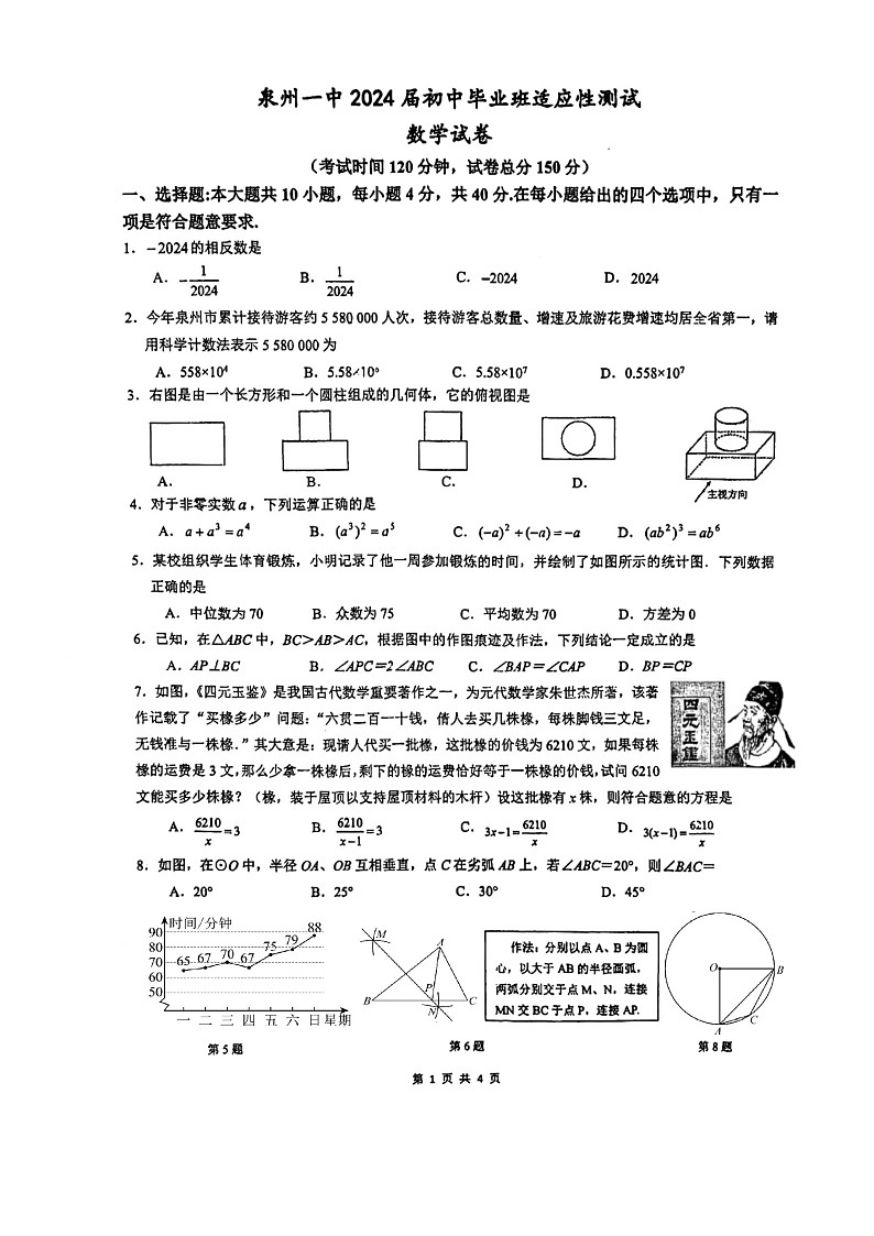 2024年福建省泉州第一中学中考模拟预测数学试题第1页
