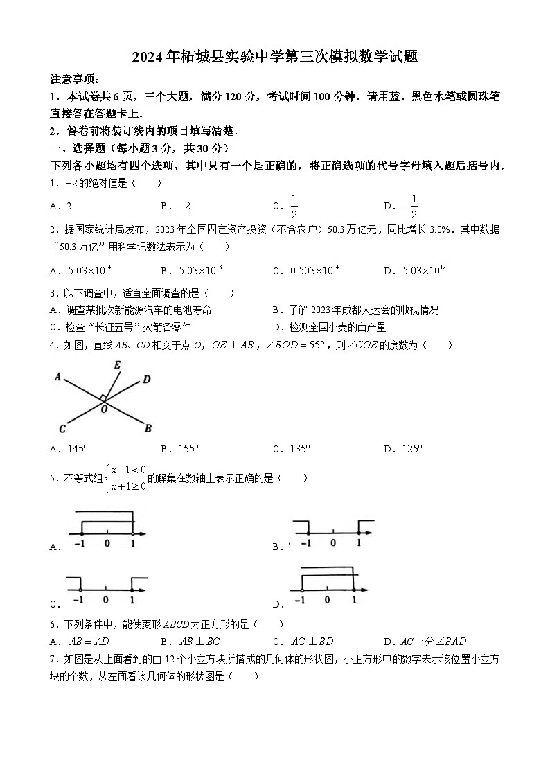 2024年河南省商丘市柘城县实验中学九年级下学期第三次模拟考试数学试题第1页