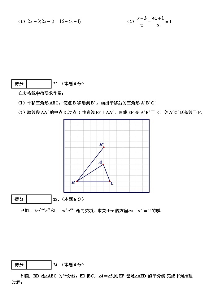 黑龙江省哈尔滨市星光中学2021-2022学年上学期七年级数学期中测试卷03